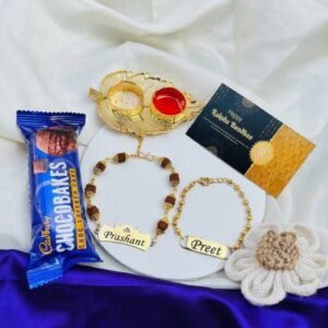 Personalised Rakhi Combo with Chocolate – Name Rakhi + Name Bracelet, Chocobakes & Roli-Chawal Platter — lifestyle photo in real gifting setting