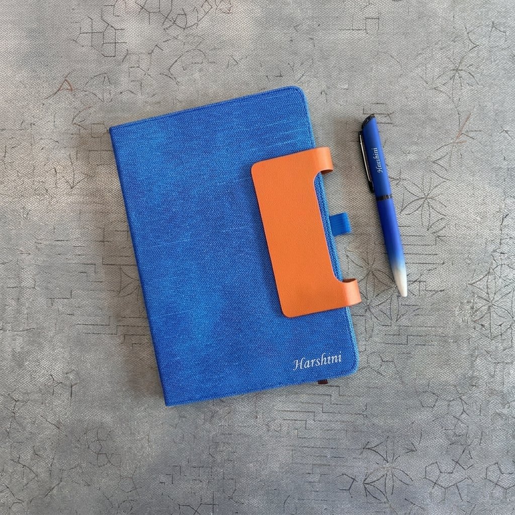 Personalised A5 Jute Diary with Engraved Pen – Magnetic Flap Notebook in Gift Box — lifestyle photo in real gifting setting