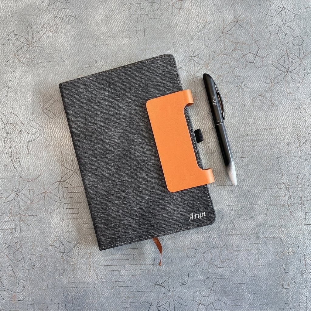 Personalised A5 Jute Diary with Engraved Pen – Magnetic Flap Notebook in Gift Box — lifestyle photo in real gifting setting