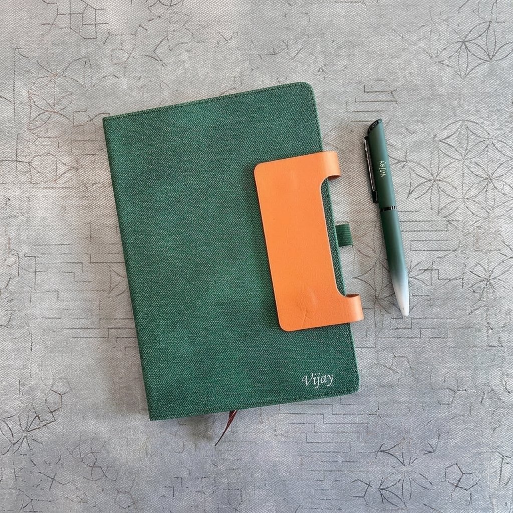 Personalised A5 Jute Diary with Engraved Pen – Magnetic Flap Notebook in Gift Box — lifestyle photo in real gifting setting