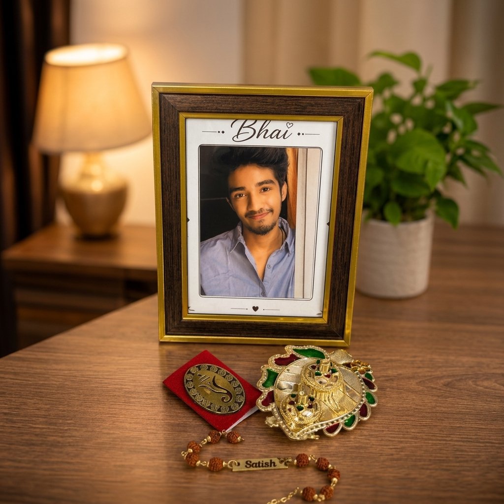 Personalised Bhai Photo Frame Rakhi Set with Name & Photo – Roli Chawal Platter — lifestyle photo in real gifting setting
