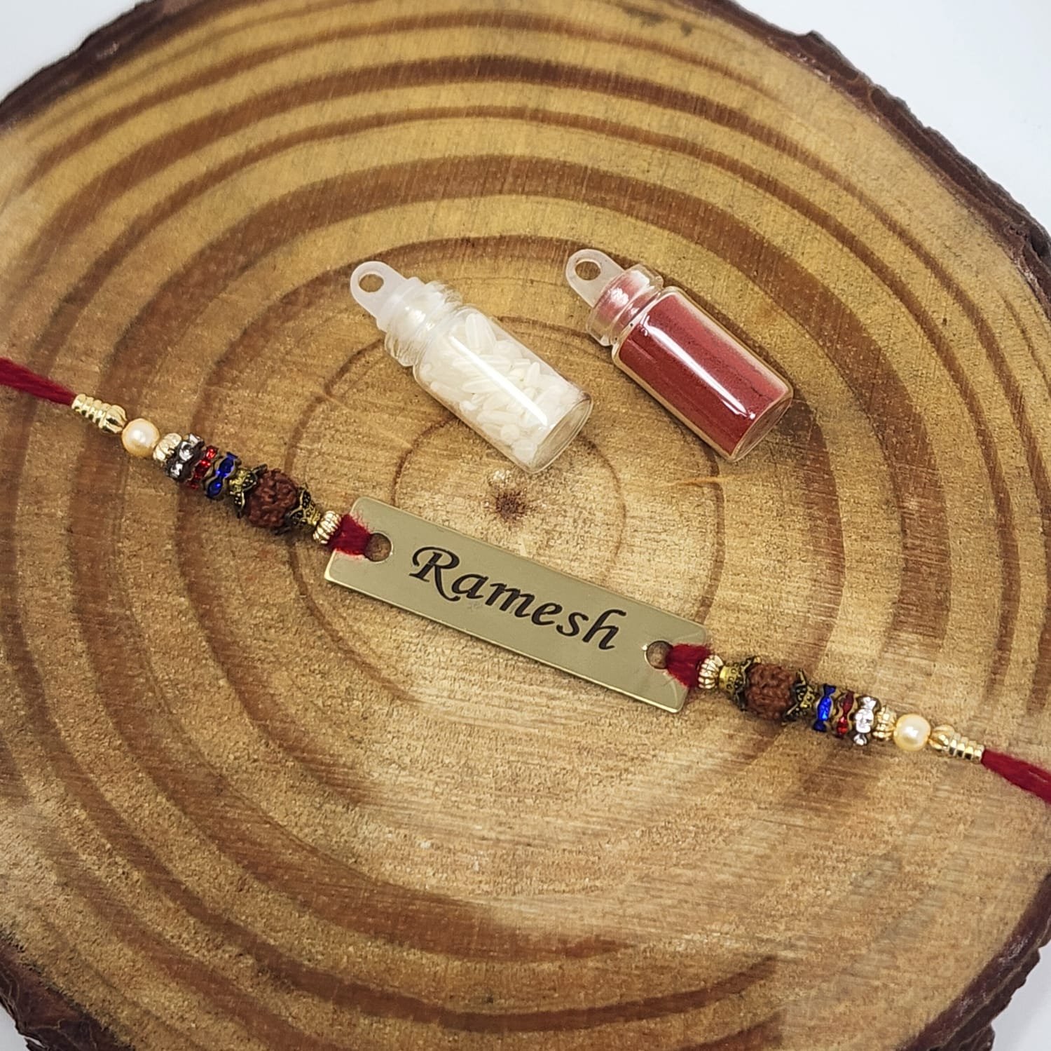 Personalised Rudraksha Thread Rakhi with Roli-Chawal & Name - Image 2