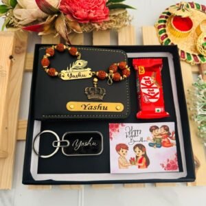Personalised Rakhi Combo for Brother with Name – Name Wallet, Rudraksh Morpankh Rakhi, Metal Keychain, KitKat & Greeting Card