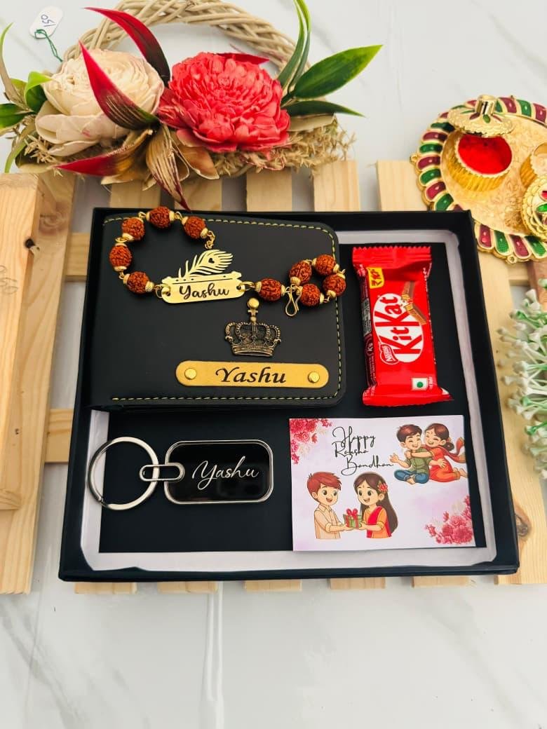 Personalised Rakhi Combo for Brother with Name – Name Wallet, Rudraksh Morpankh Rakhi, Metal Keychain, KitKat & Greeting Card
