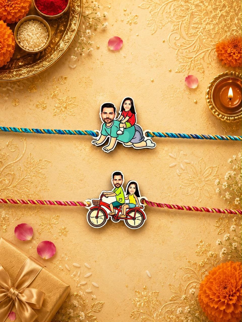 Personalised caricature couple rakhi Model 2 and Model 3 close-up on colourful threads