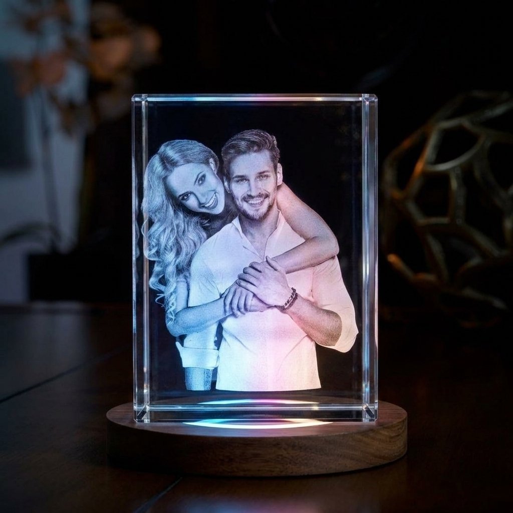 Personalised 5x5x12 photo crystal lit on a multi-colour rotating LED base