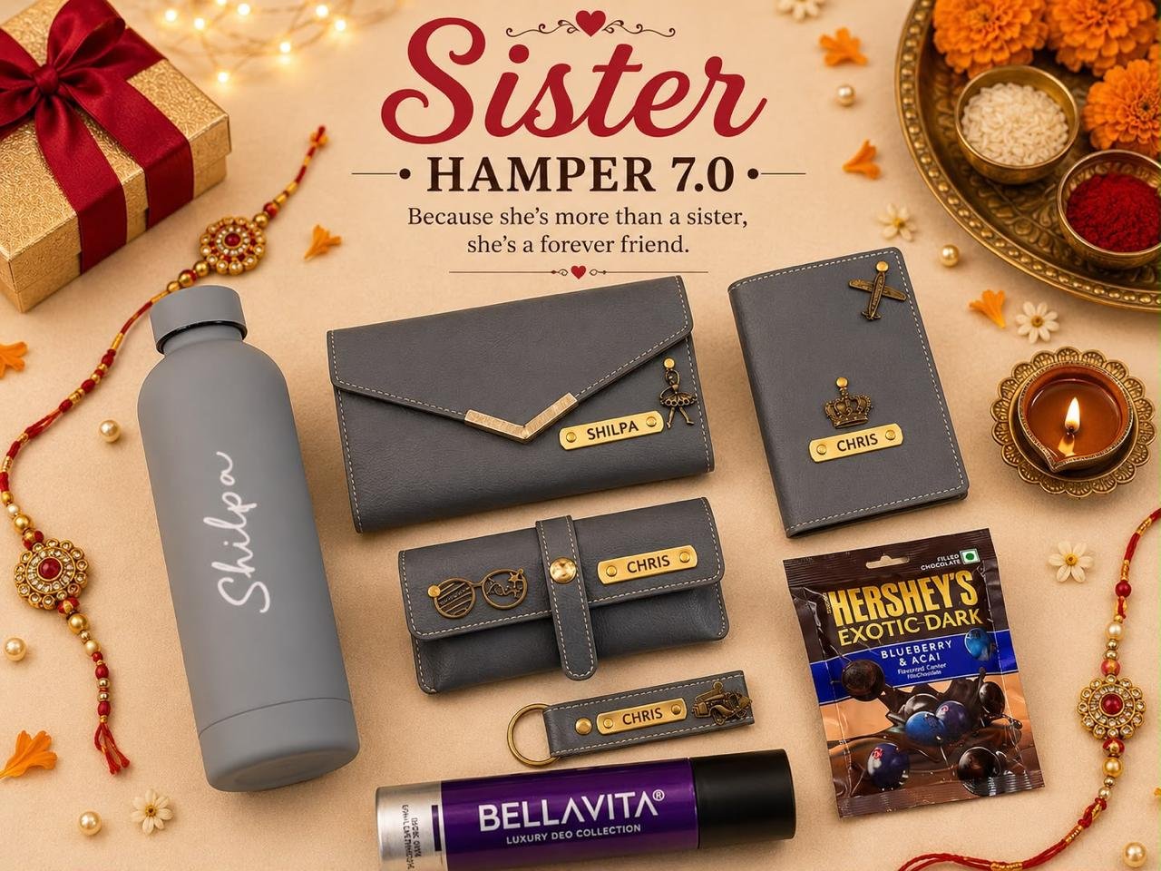 Personalised Rakhi Sister Hamper with Name – Flask, Ladies Wallet, Passport Cover, Eyewear Case, Keychain, Deodorant & Face Mask in Gift Box - Image 3