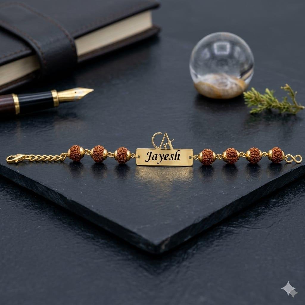 Personalised CA rudraksha name rakhi with gold name plate and Chartered Accountant symbol