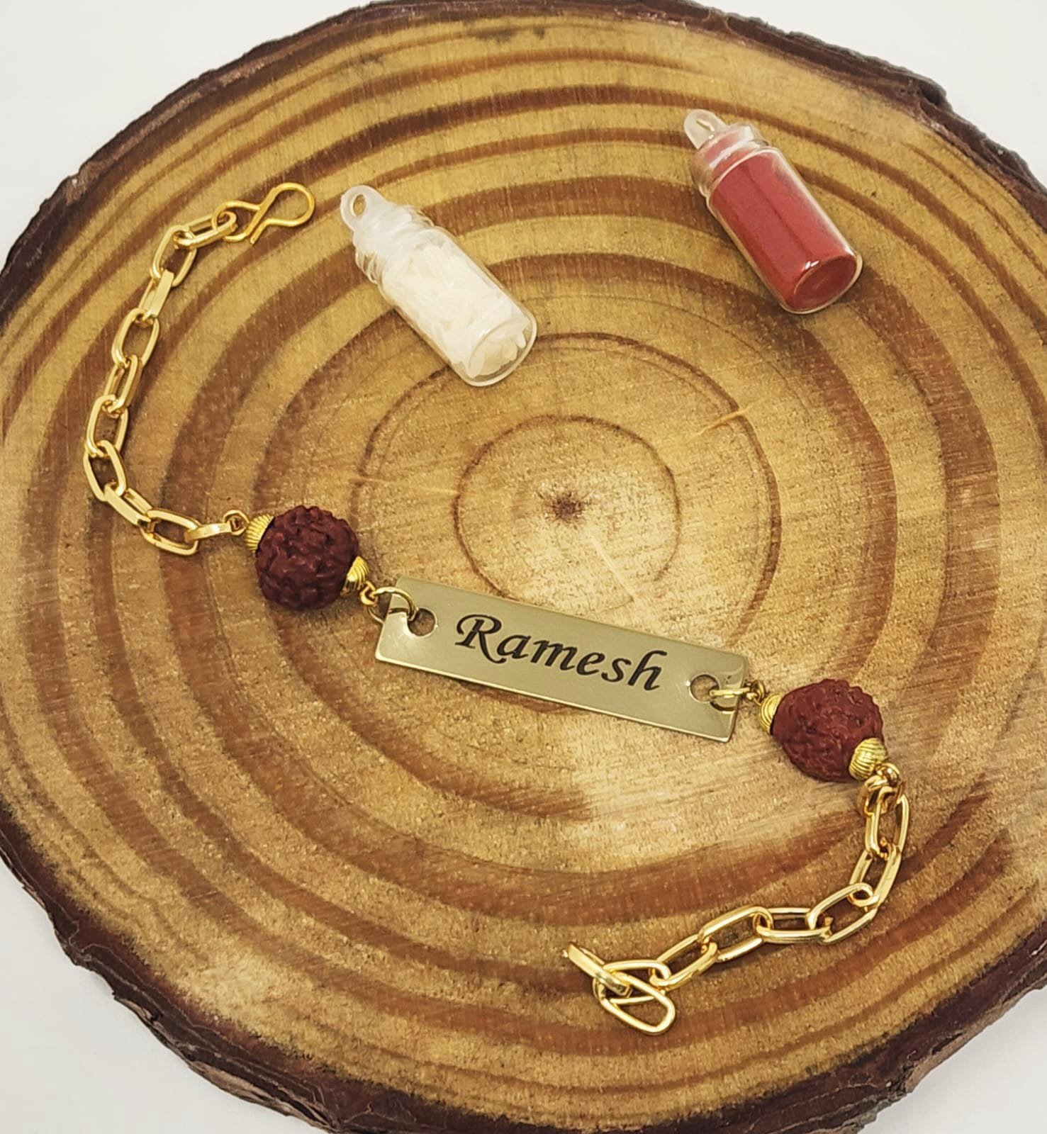 Personalised Two-Bead Rudraksha Rakhi with Name & Roli-Chawal