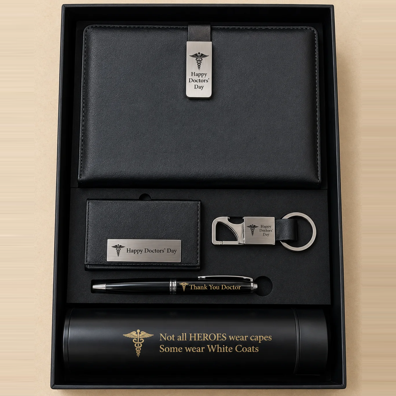 Personalised Doctors' Day 5-Piece Gift Set — Diary, Card Holder, Keychain, Pen & Bottle