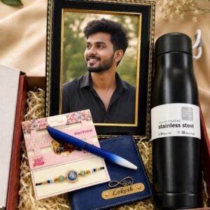 Personalised Rakhi Combo for Brother with Name – Pen, Royal Blue Wallet, Photo Frame, Bro Rakhi & Rope Name Bottle in Premium Box
