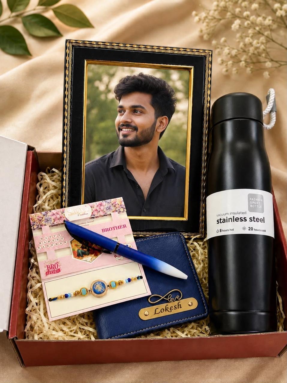 Personalised Rakhi Combo for Brother with Name – Pen, Royal Blue Wallet, Photo Frame, Bro Rakhi & Rope Name Bottle in Premium Box