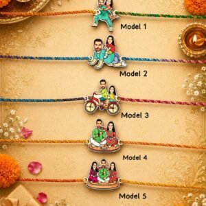 Personalised caricature couple rakhi showing all 5 models to choose from, Model 1 to Model 5