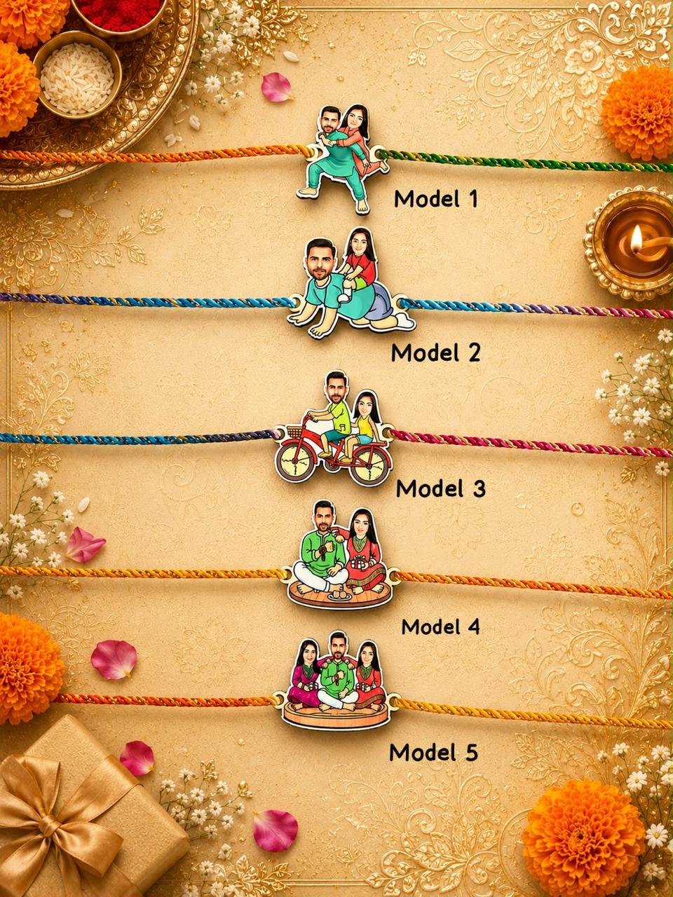 Personalised caricature couple rakhi showing all 5 models to choose from, Model 1 to Model 5