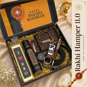 Personalised Rakhi Hamper for Brother – Croc Wallet with Charm, Watch, Belt, Deodorant, Pen & Rakhi Gift Box