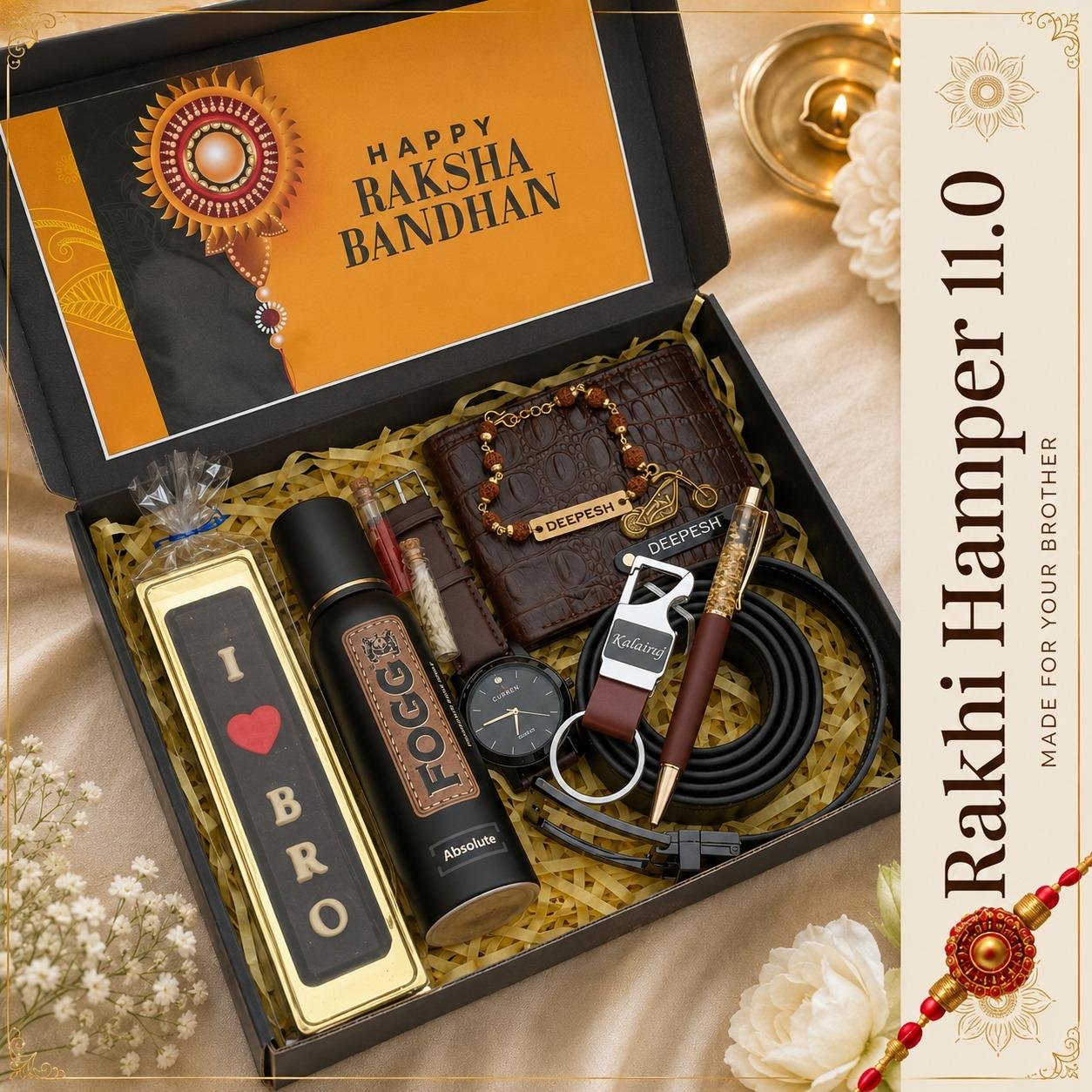 Personalised Rakhi Hamper for Brother – Croc Wallet with Charm, Watch, Belt, Deodorant, Pen & Rakhi Gift Box