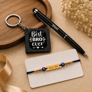Personalised Raksha Bandhan Gift Combo for Brother with Name – Black Touch Pen, Best Bro Photo Keychain, Evil Eye Thread Rakhi, Roli Chawal & Card in Premium Box