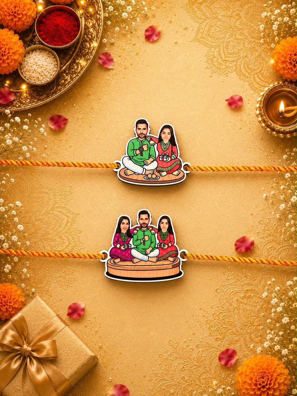 Personalised caricature couple rakhi Model 4 and Model 5 close-up on colourful threads