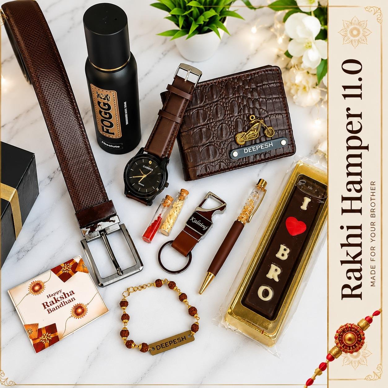 Personalised Rakhi Hamper for Brother – Croc Wallet with Charm, Watch, Belt, Deodorant, Pen & Rakhi Gift Box - Image 2