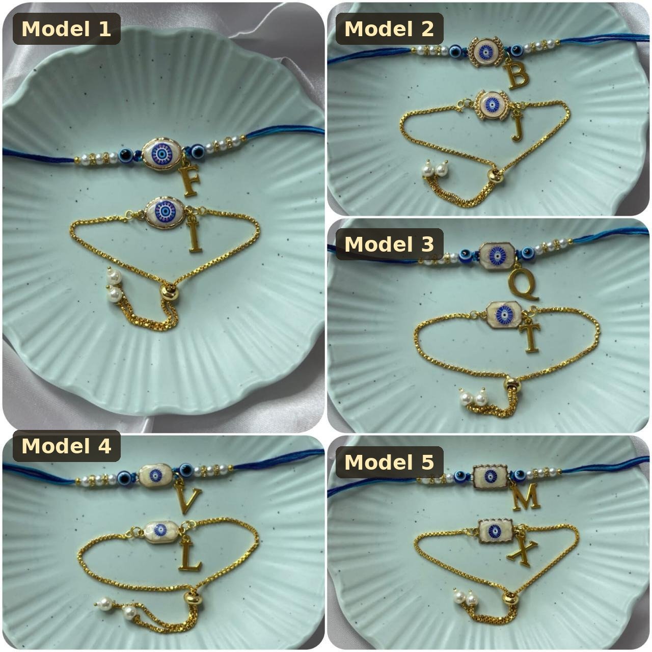 Personalised Bhai Bhabhi Evil Eye Rakhi Set with Initial – Dori Rakhi for Brother + Adjustable Bracelet for Bhabhi | Raksha Bandhan Gift (Set of 2) - Image 2