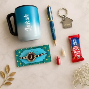 Personalised Raksha Bandhan Hamper for Brother with Name – Dual-Tone Cello Mug, Pen, Home Keychain, Monogram Rakhi, KitKat & Roli Chawal in Gift Box