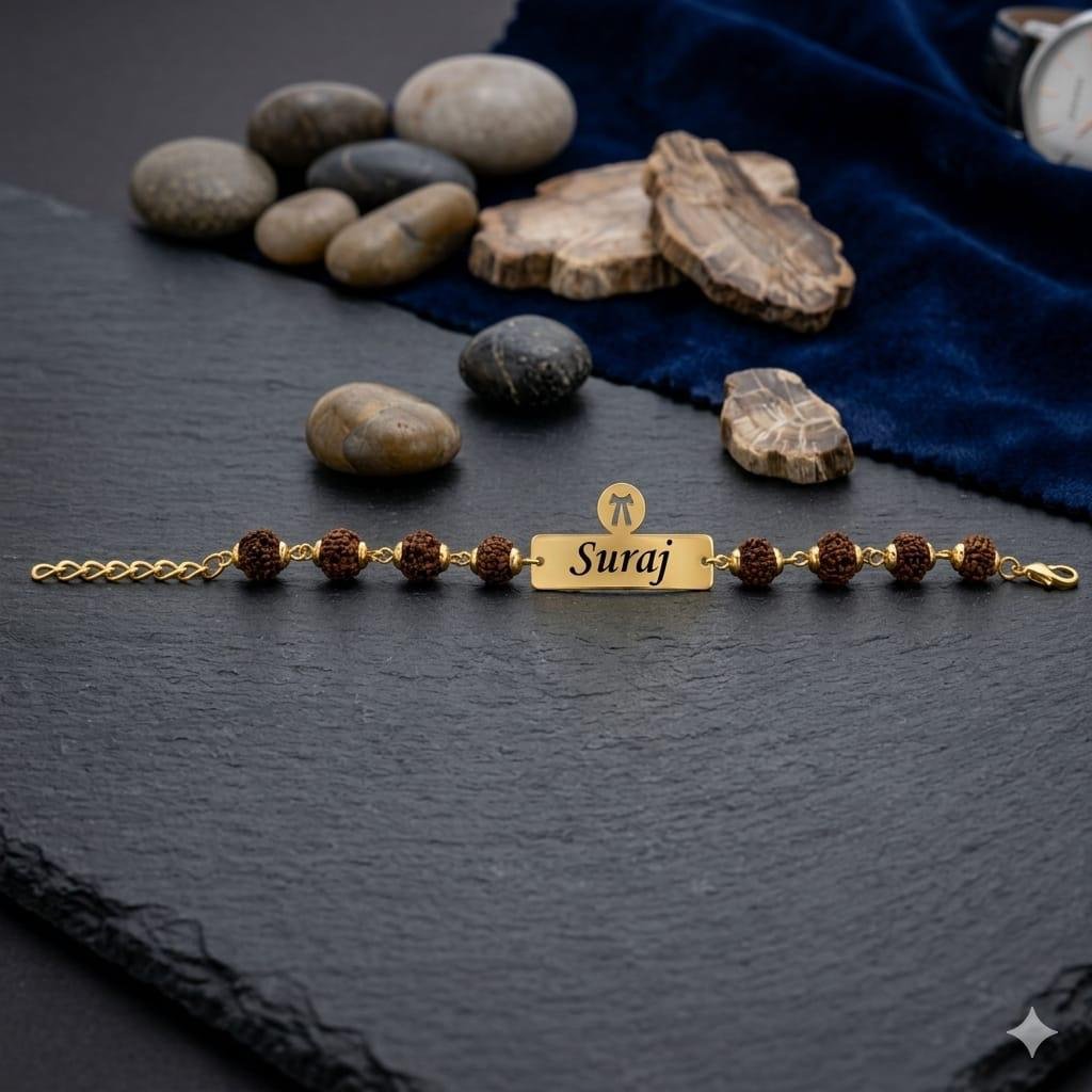 Personalised Advocate rudraksha name rakhi with gold name plate and lawyer band symbol