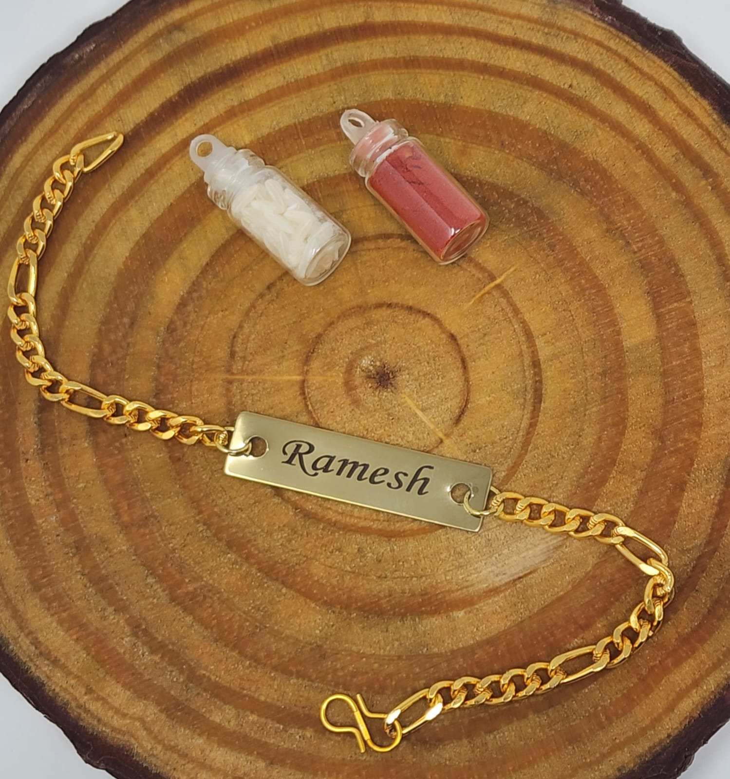 Personalised Gold Figaro-Chain Name Bracelet Rakhi - Image 2