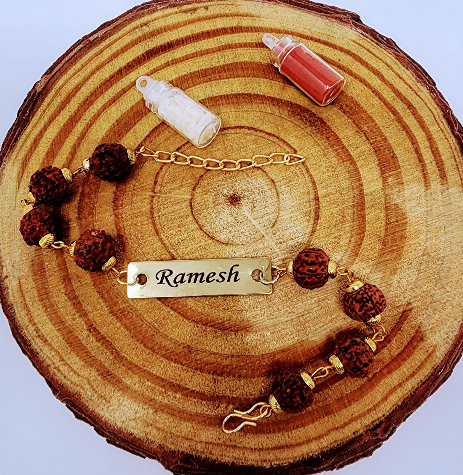 Personalised Rudraksha Gold-Chain Rakhi with Roli-Chawal | Name Engraved