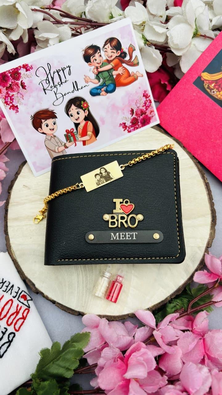 Personalised Eye / Sketch Rakhi Combo for Brother – Name Wallet, Custom Eye-Print or Sketch Engraved Rakhi, Roli Chawal & Greeting Card