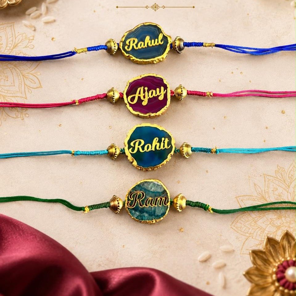 Personalised Agate Stone Rakhi with Name – Natural Stone Rakhi on Designer Card for Brother