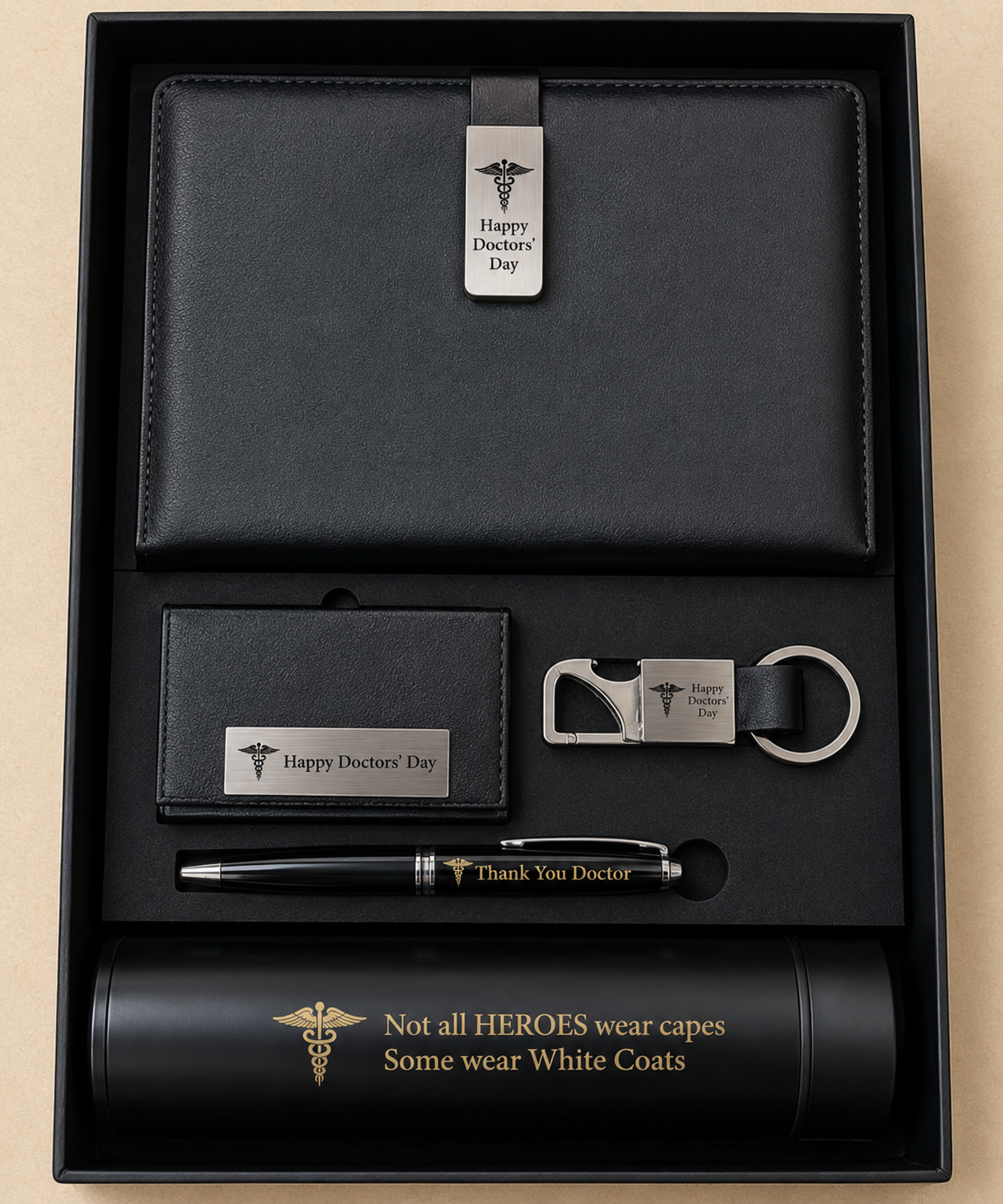 Personalised Doctors' Day 5-Piece Gift Set — Diary, Card Holder, Keychain, Pen & Bottle - Image 2