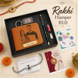 Personalised Photo Sketch Rakhi Hamper for Brother – Engraved Wallet, Keychain, Steel Rakhi & Pen in Gift Box