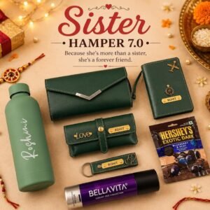Personalised Rakhi Sister Hamper with Name – Flask, Ladies Wallet, Passport Cover, Eyewear Case, Keychain, Deodorant & Face Mask in Gift Box