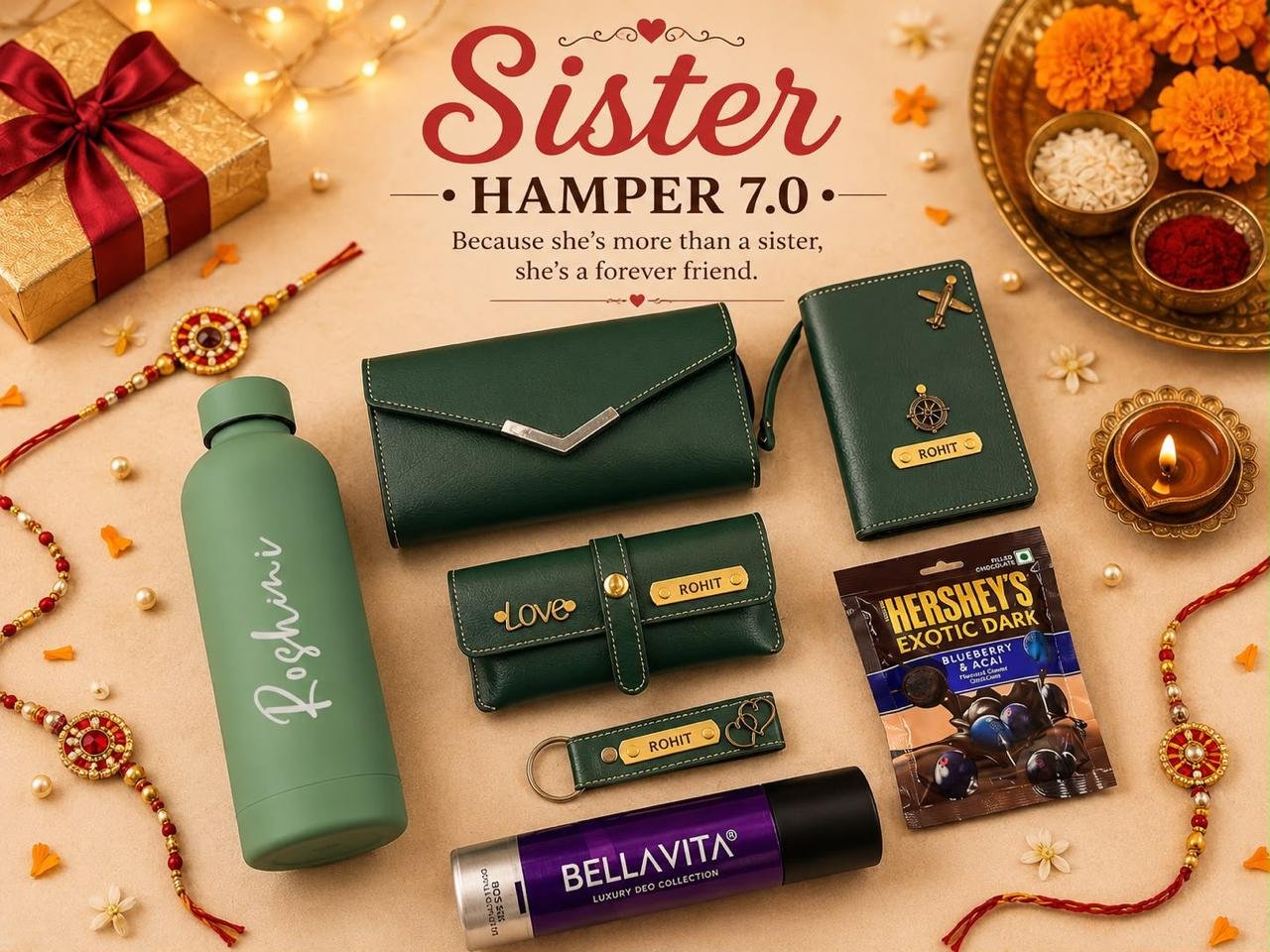 Personalised Rakhi Sister Hamper with Name – Flask, Ladies Wallet, Passport Cover, Eyewear Case, Keychain, Deodorant & Face Mask in Gift Box