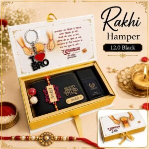 Personalised Rakhi Hamper for Brother – Engraved Phoenix Wallet, Name Rakhi, Perfume & Keychain Gift Box