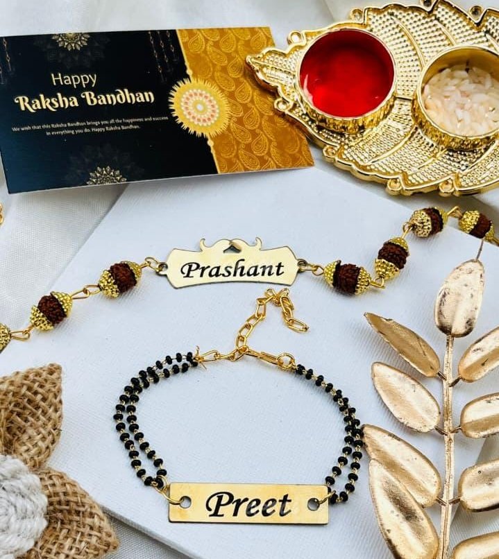 Personalised Bhaiya Bhabhi Set – Rudraksha Chain Name Rakhi + Bhabhi Mangalsutra Bracelet with Gold Roli-Chawal Thali - Image 2