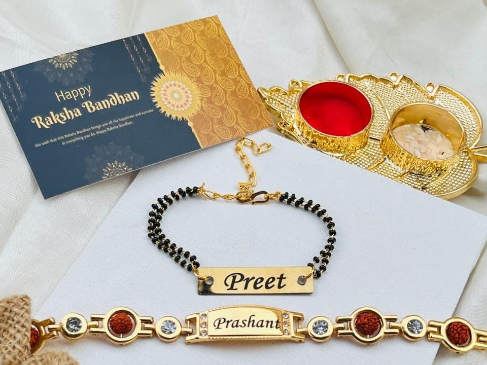 Personalised Bhaiya Bhabhi Set – Rudraksha Stone Bracelet Rakhi + Bhabhi Mangalsutra Bracelet with Gold Roli-Chawal Thali - Image 2