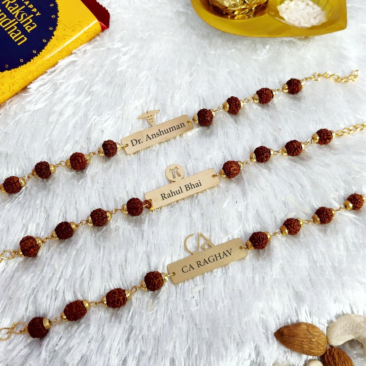 Personalised profession rudraksha name rakhis for Doctor, Advocate and CA brothers