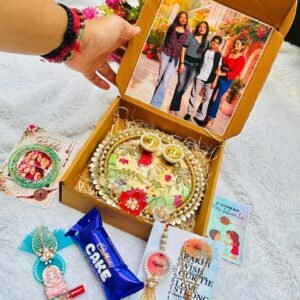 Personalised Bhaiya Bhabhi Rakhi Hamper – Resin Couple Rakhi, Photo Fridge Magnet & Pooja Thali Gift Box