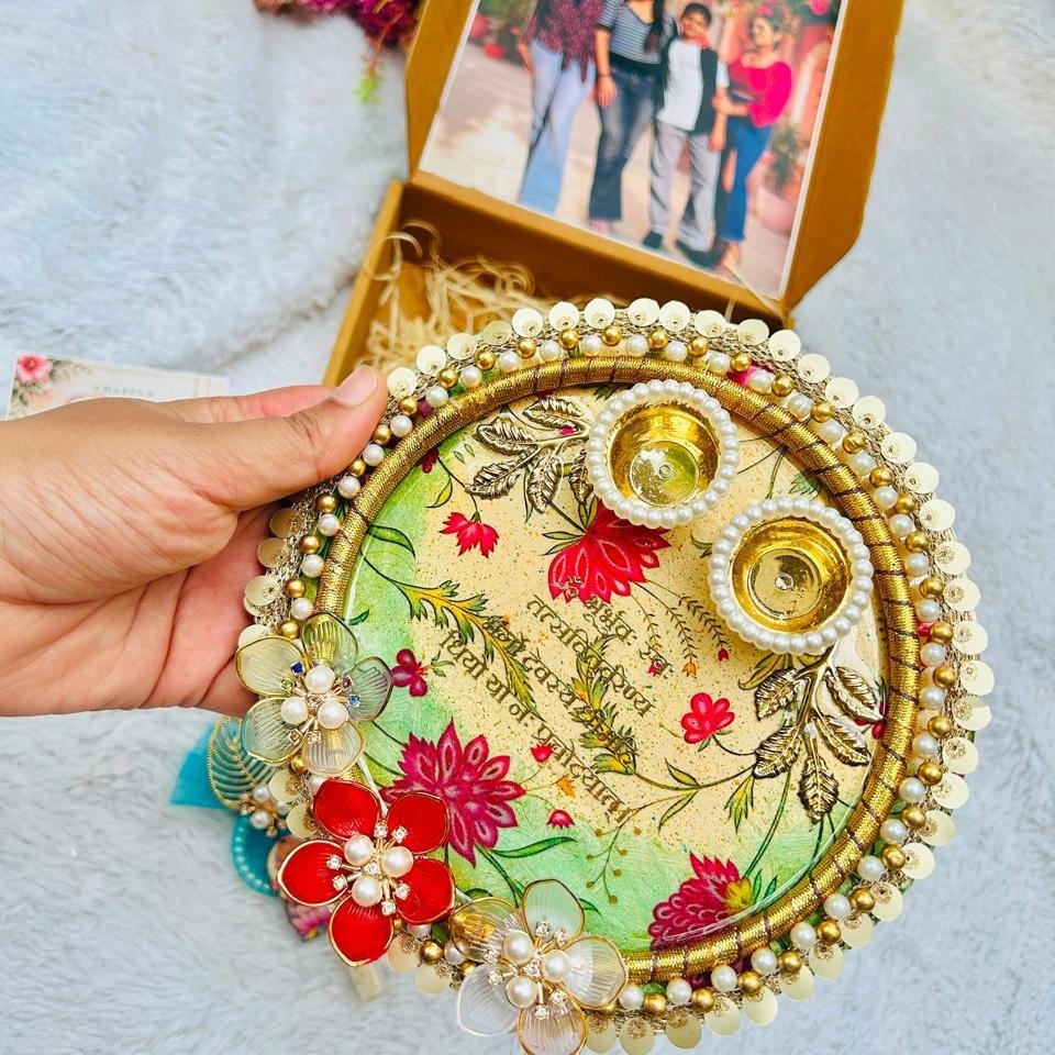 Personalised Bhaiya Bhabhi Rakhi Hamper – Resin Couple Rakhi, Photo Fridge Magnet & Pooja Thali Gift Box - Image 3
