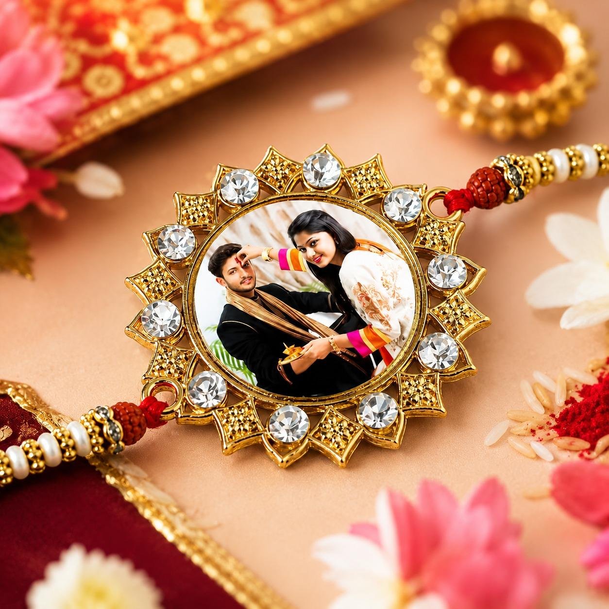 Personalised Photo Round Rakhi with custom picture in a gold rhinestone sunburst frame on rudraksha thread