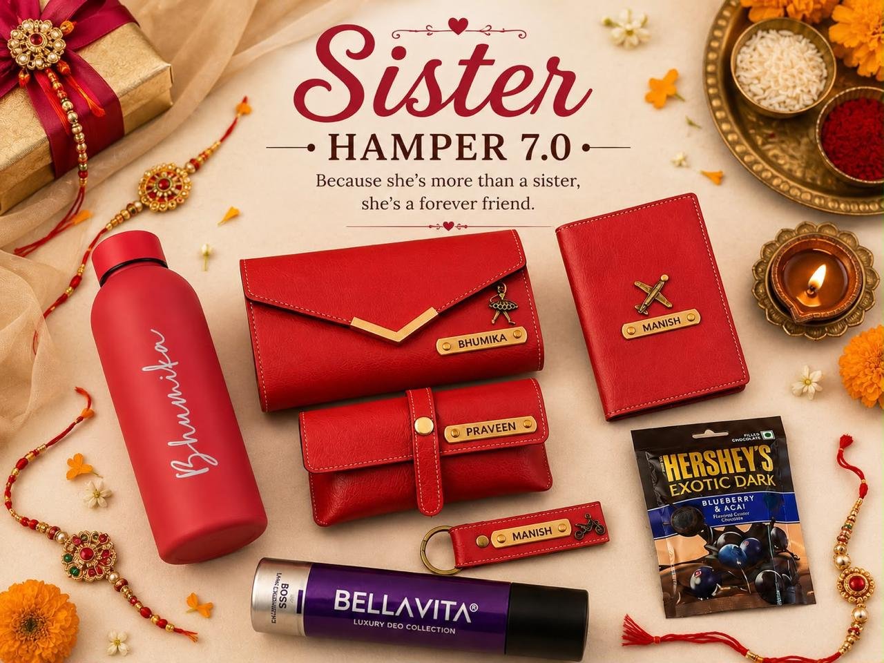 Personalised Rakhi Sister Hamper with Name – Flask, Ladies Wallet, Passport Cover, Eyewear Case, Keychain, Deodorant & Face Mask in Gift Box - Image 2