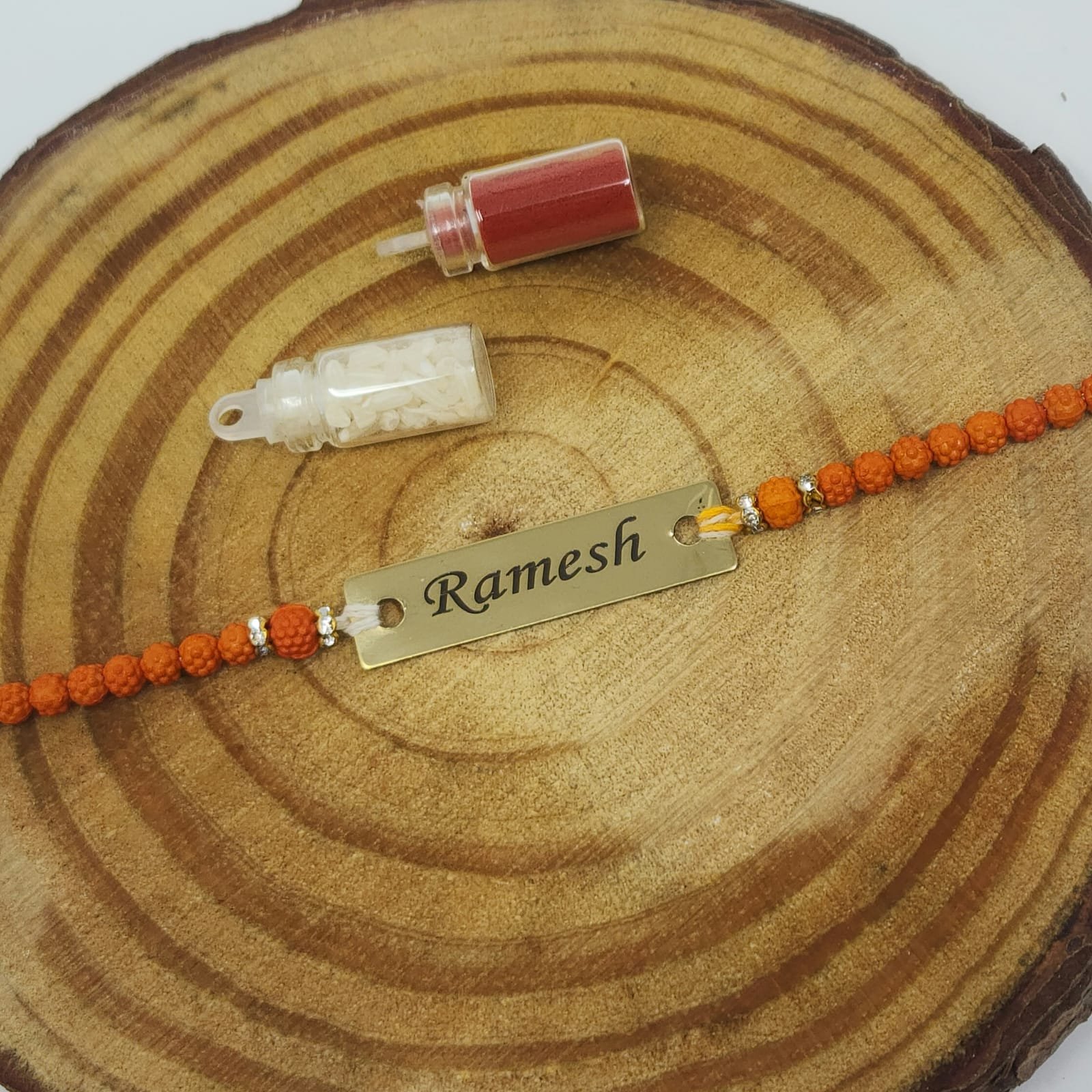 Personalised Tulsi-Bead Thread Rakhi with Name - Image 2