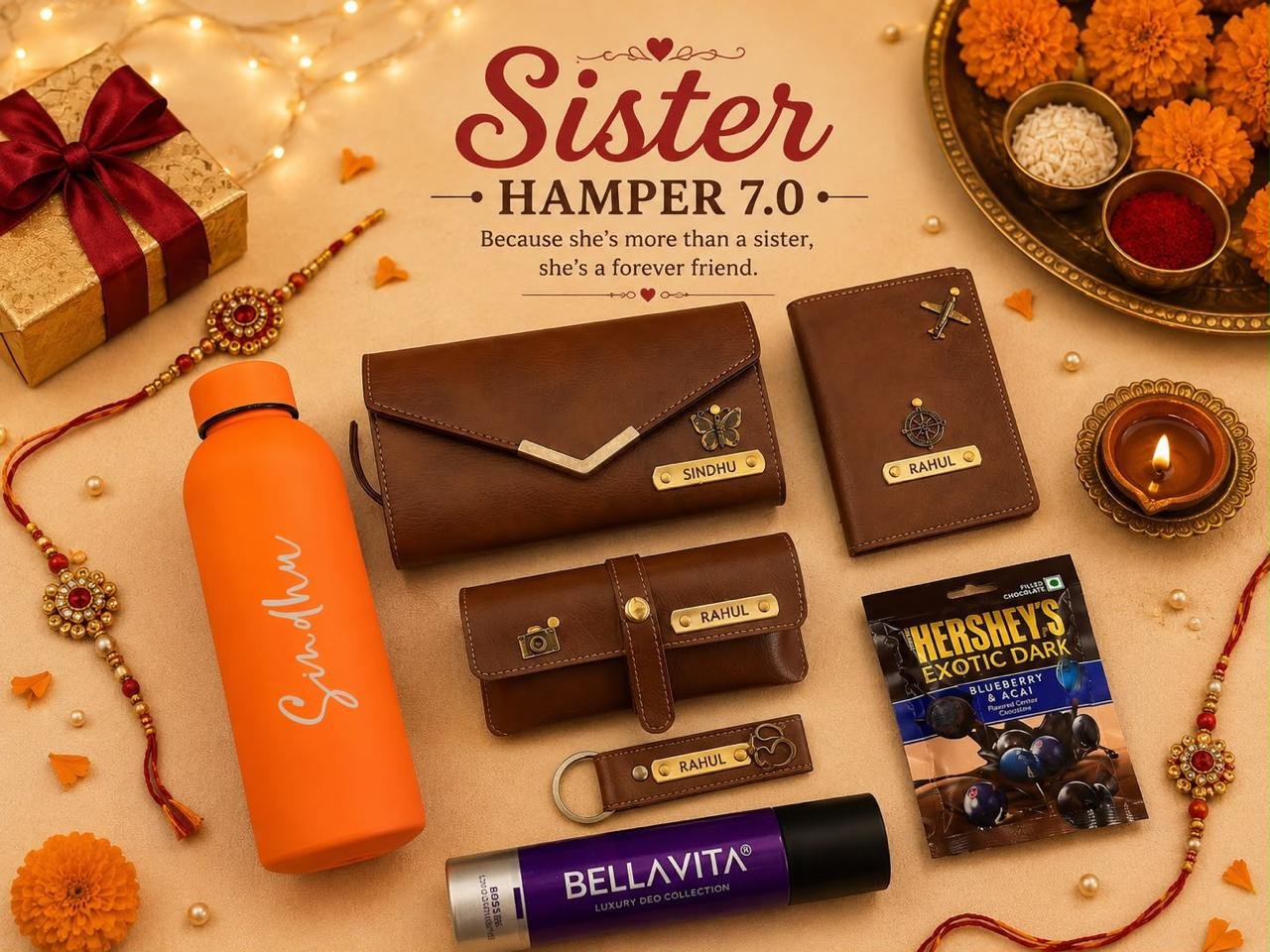 Personalised Rakhi Sister Hamper with Name – Flask, Ladies Wallet, Passport Cover, Eyewear Case, Keychain, Deodorant & Face Mask in Gift Box - Image 4