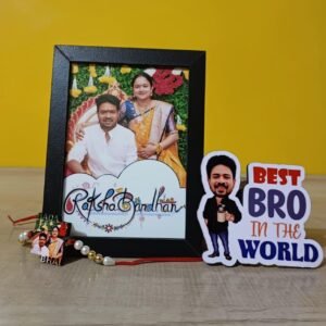 Personalised Raksha Bandhan Hamper – Photo Table Frame, Caricature Fridge Magnet & Wooden Photo Rakhi for Brother