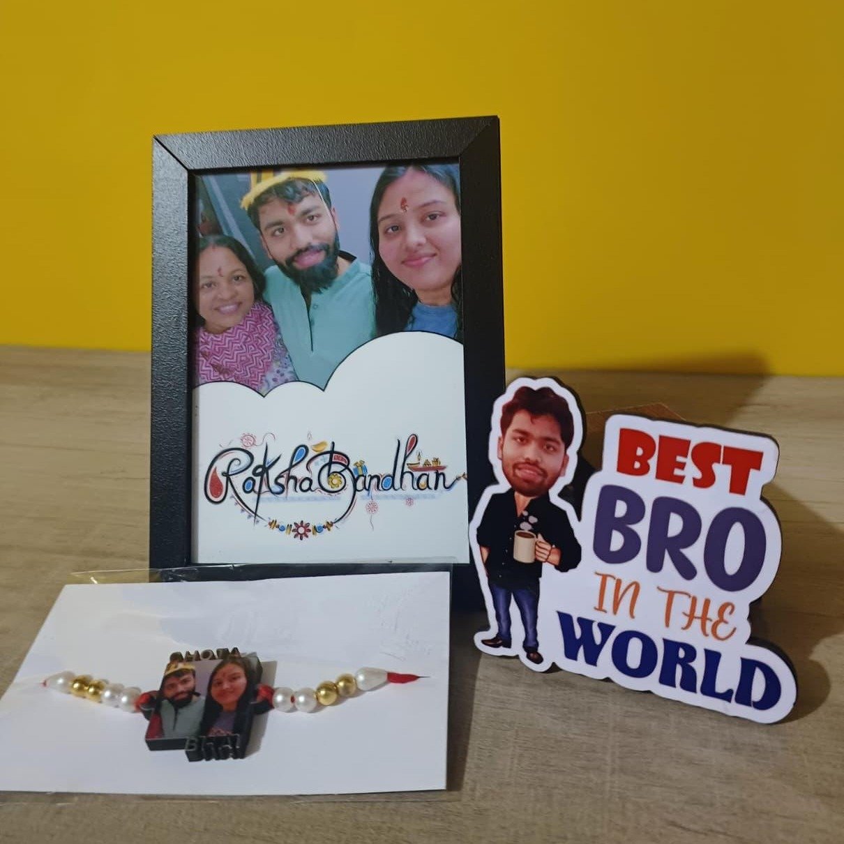 Personalised Raksha Bandhan Hamper – Photo Table Frame, Caricature Fridge Magnet & Wooden Photo Rakhi for Brother - Image 2