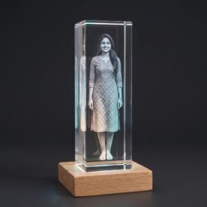 Personalised tall 3D photo crystal 5x5x15 cm with full body engraved photo on wooden LED light base