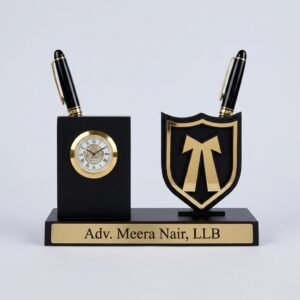 Personalised Advocate Pen Stand with Name & Clock – Lawyer Desk Organiser — lifestyle photo in real gifting setting