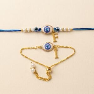 Personalised Bhai Bhabhi Evil Eye Rakhi Set with Initial – Dori Rakhi for Brother + Adjustable Bracelet for Bhabhi — gift-ready presentation suitable for special occasions