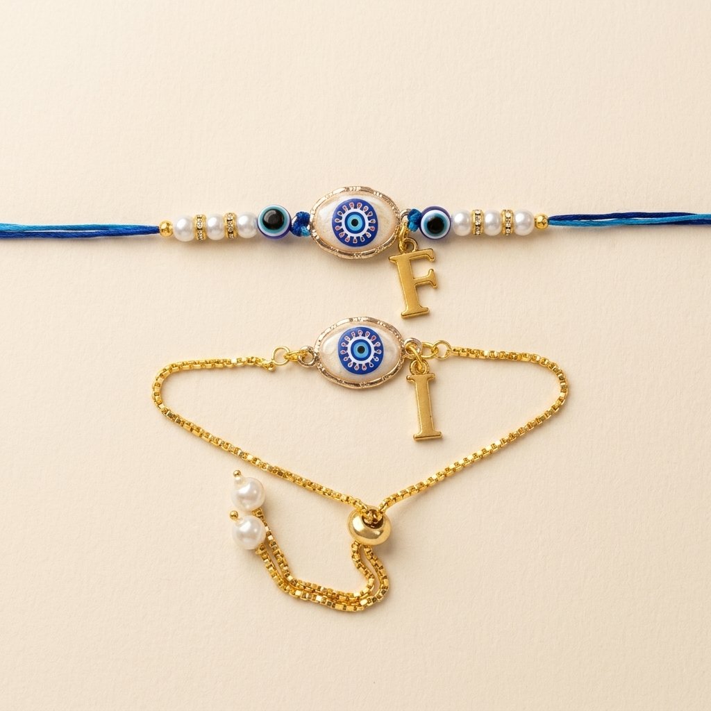Personalised Bhai Bhabhi Evil Eye Rakhi Set with Initial – Dori Rakhi for Brother + Adjustable Bracelet for Bhabhi — gift-ready presentation suitable for special occasions